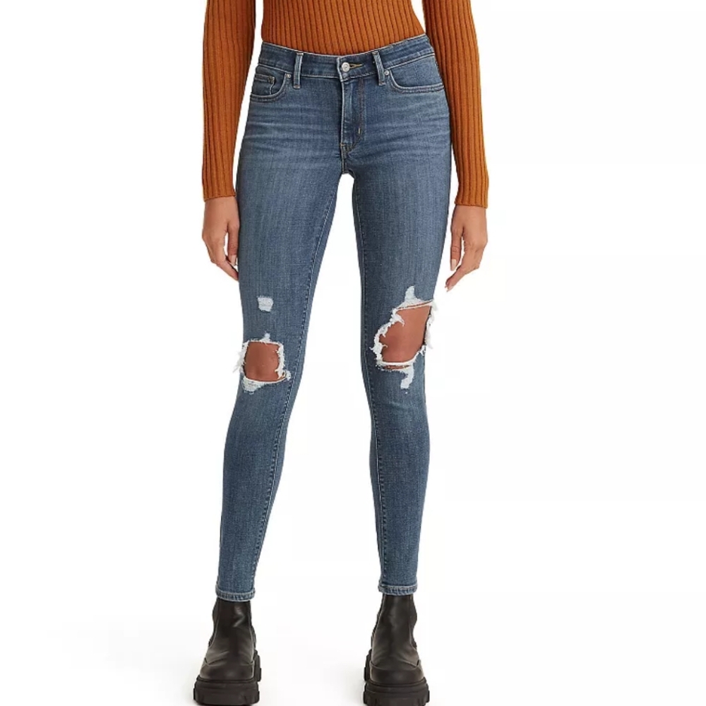 Levi's 711 Medium Wash Ripped Knee Mid Rise Skinny Jeans Size 29
